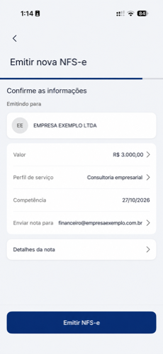 Demonstração de emissão de nota fiscal no aplicativo