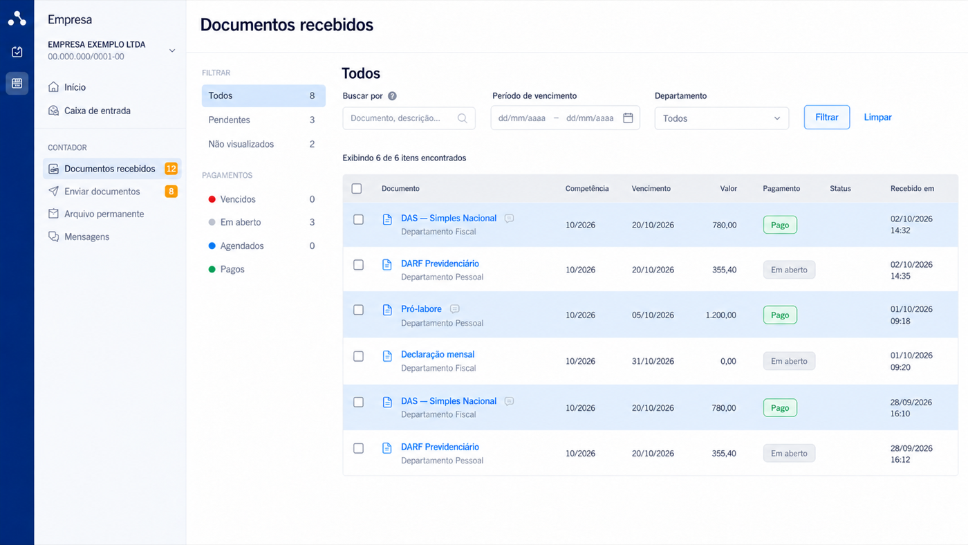 Demonstração da plataforma com documentos contábeis fictícios