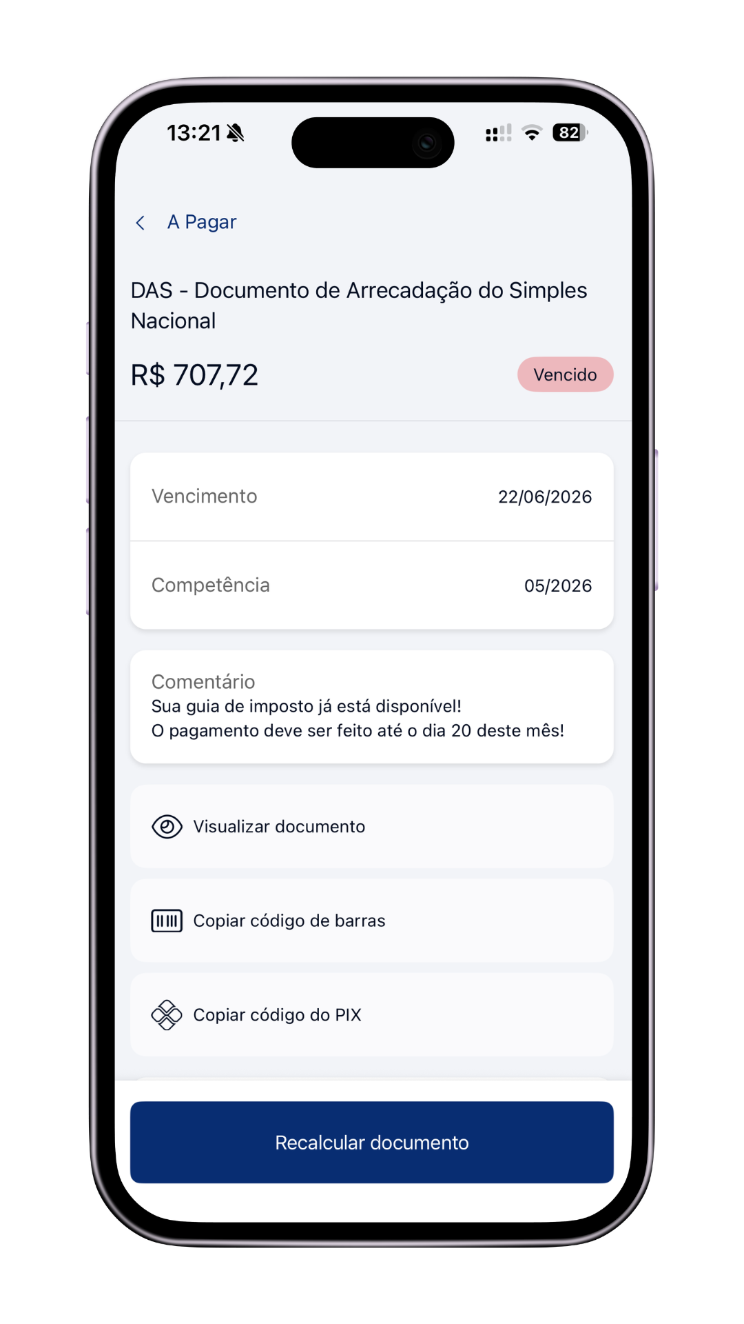 Detalhe de uma guia com opções de código de barras, PIX e botão Recalcular documento