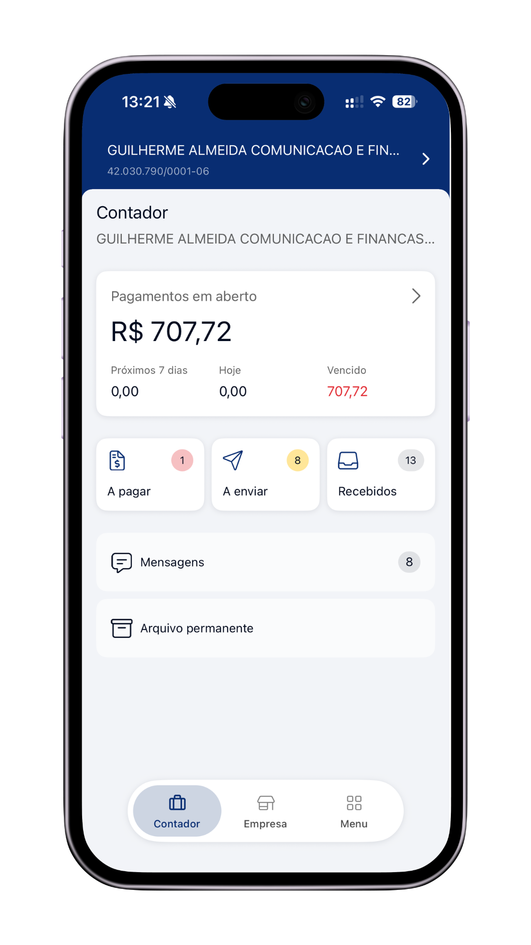 Tela inicial do aplicativo com pagamentos, documentos recebidos e arquivo permanente