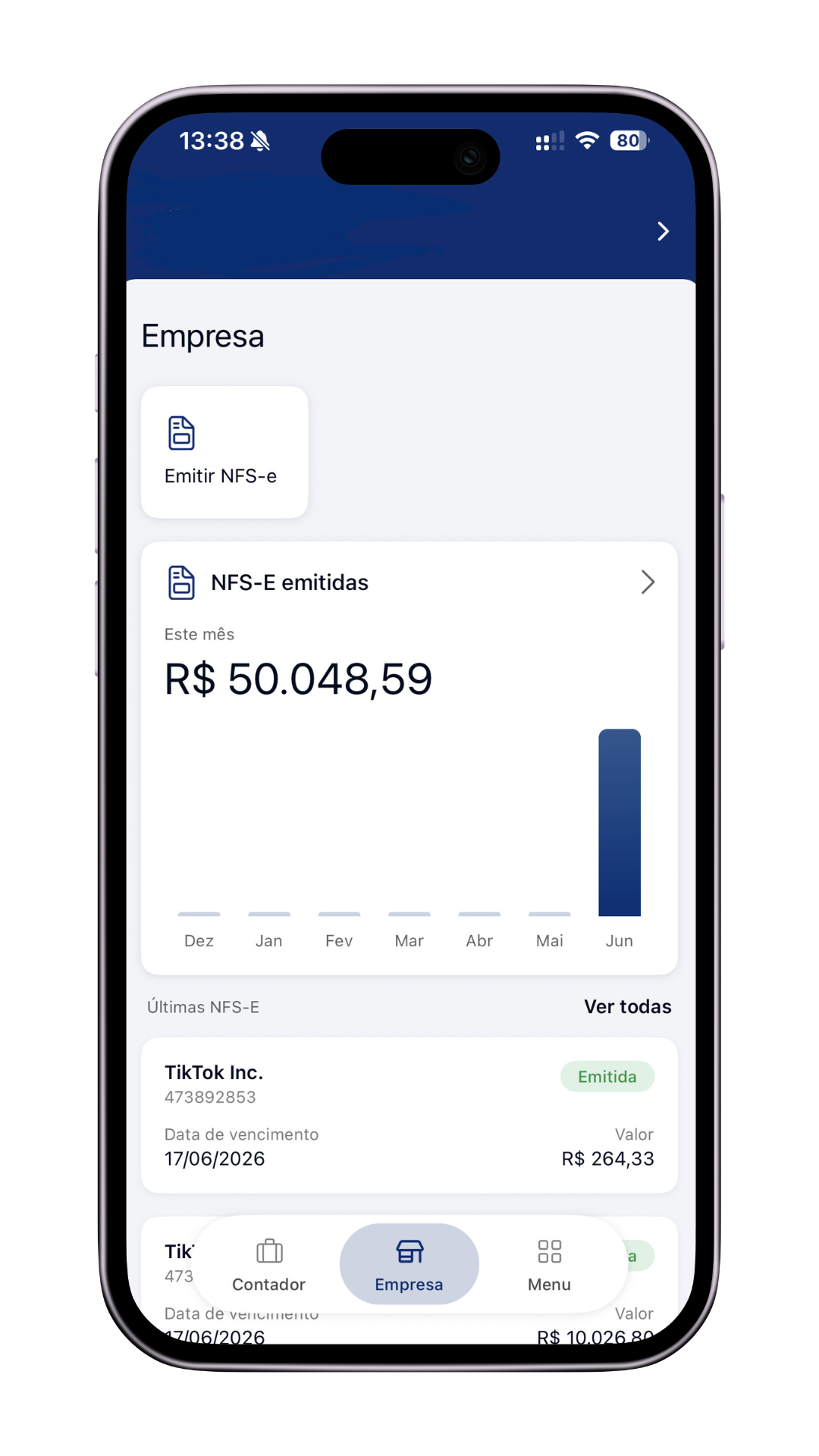 Aplicativo com opção de emitir NFS-e e acompanhar notas emitidas
